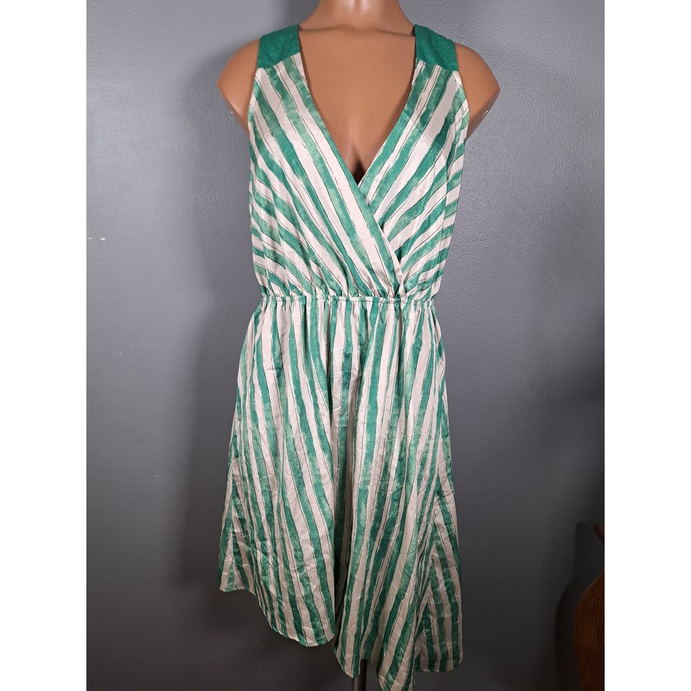 Charming Charlie Green White Striped V-Neck High-Low Midi Dress Size Medium